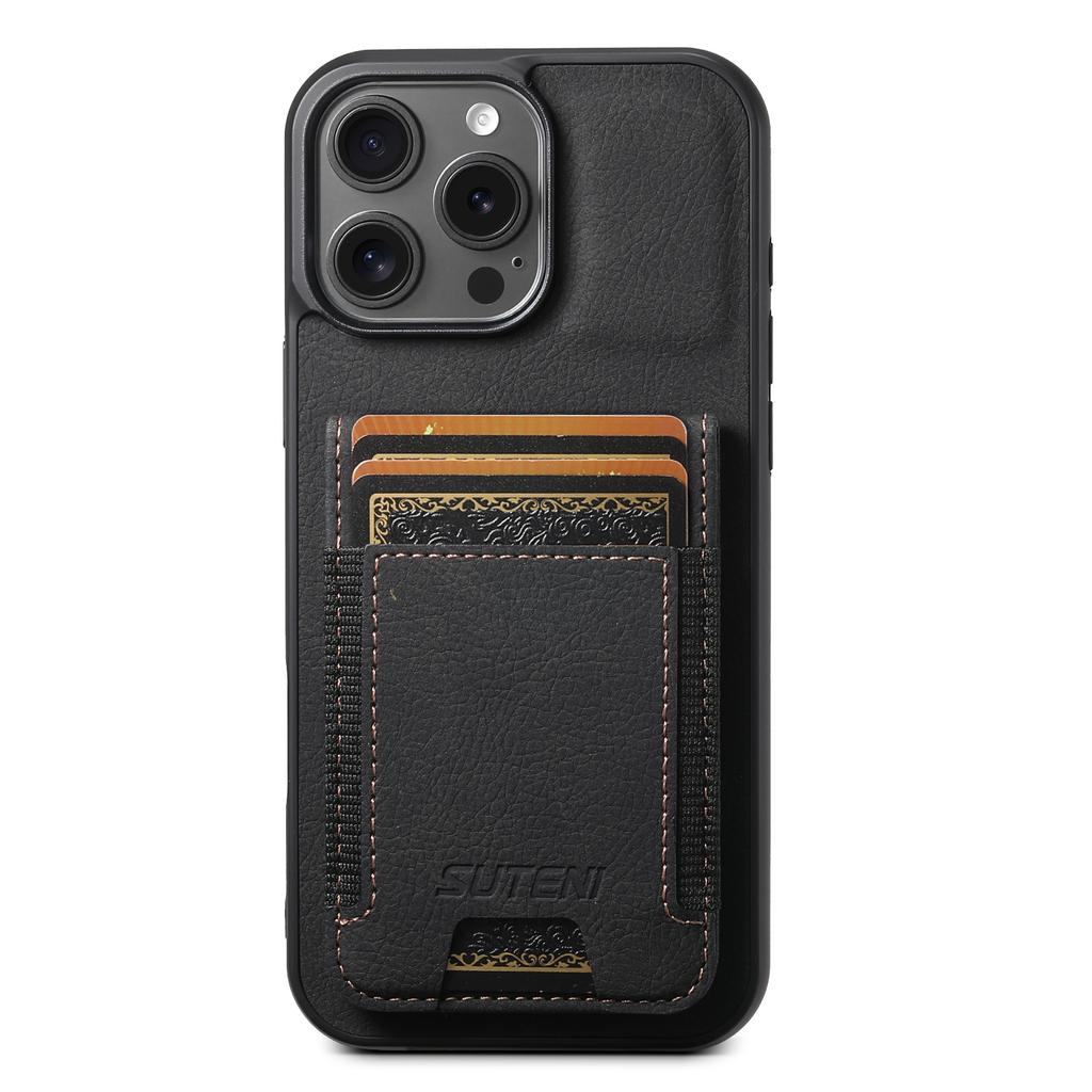 SUTENI H03 For iPhone 16 Pro Case Card Holder Kickstand Litchi Texture Leather+TPU Phone Cover