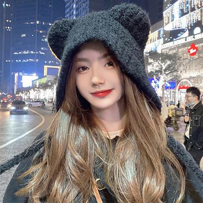 Winter Women'S Fashion Hat Cute Bear Earmuff Hat Plush Warm Solid Color Hat