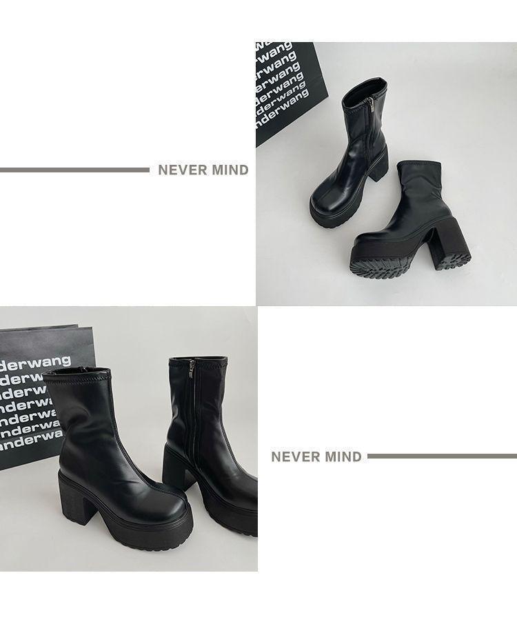 Z Schwarze Plateau-Stiefeletten für Damen (Petite) - Dicker Absatz, Schlankmachend, Hoher Absatz mit Seitenreißverschluss für Herbst und Winter 2025