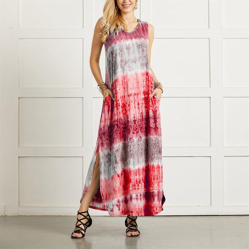 Summer Tie-dye Slit Irregular Hem Sleeveless Casual New Dress