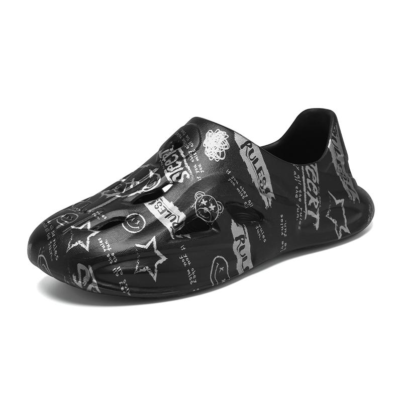 

Модные летние мужские тапочки, мужские полые нескользящие пляжные туфли, кроссовки, мужские повседневные слипоны, сандалии, обувь для воды, модный принт 44-45 чёрный