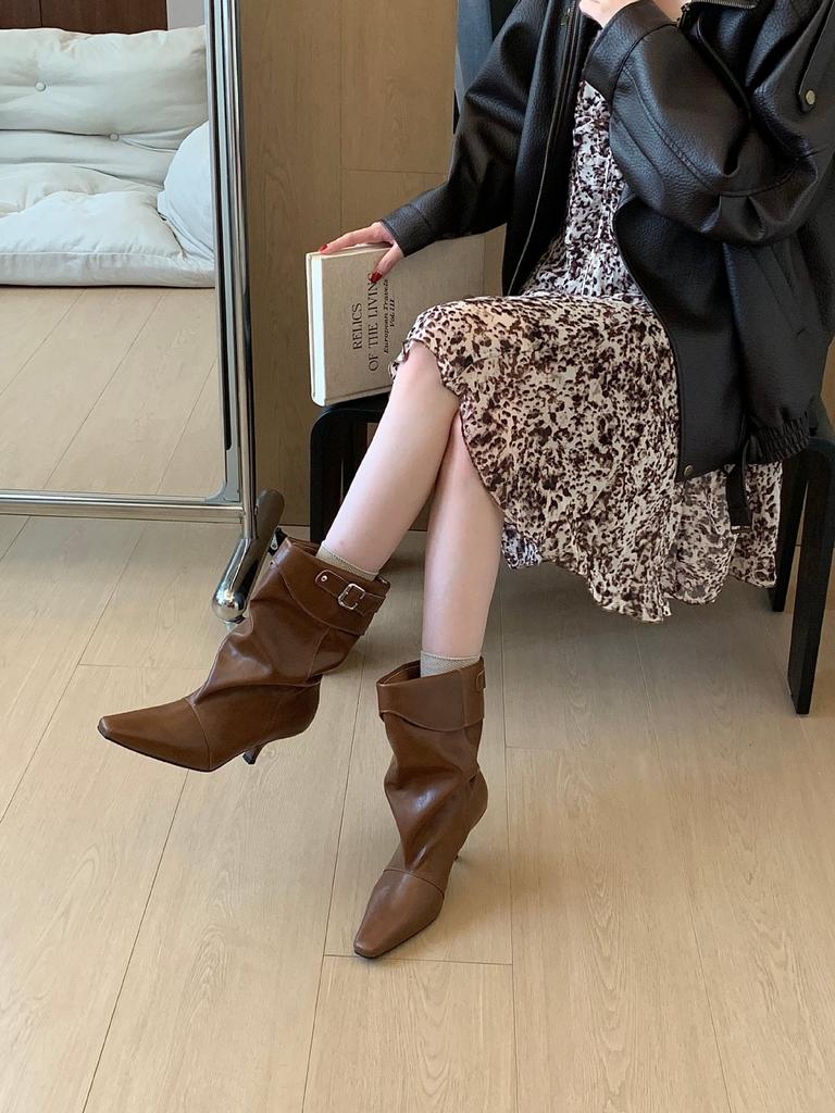 Pointed head turning tube stacking boots women's autumn and winter new single boots medium boots short boots thin legs thin high heels and ankle