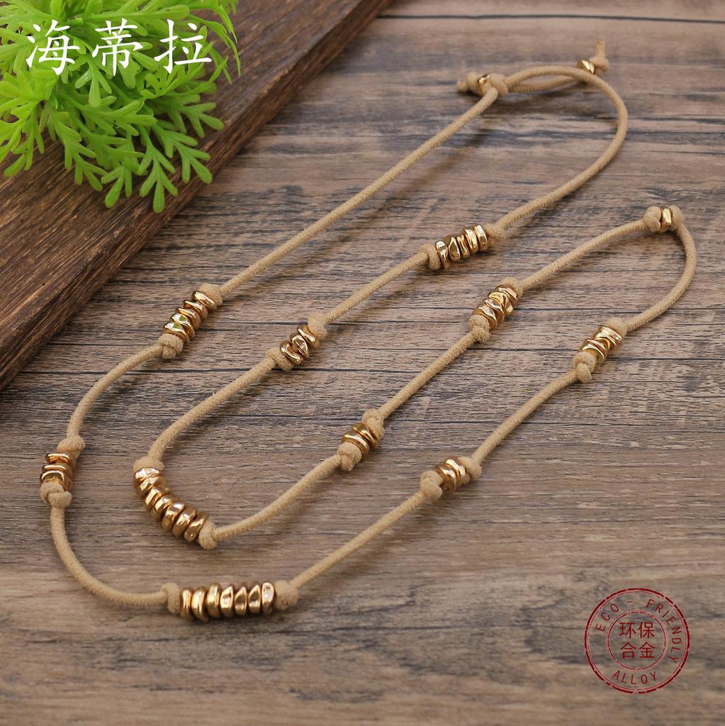 New retro leather rope metal beaded cable long necklace, women's bohemian leather rope necklace