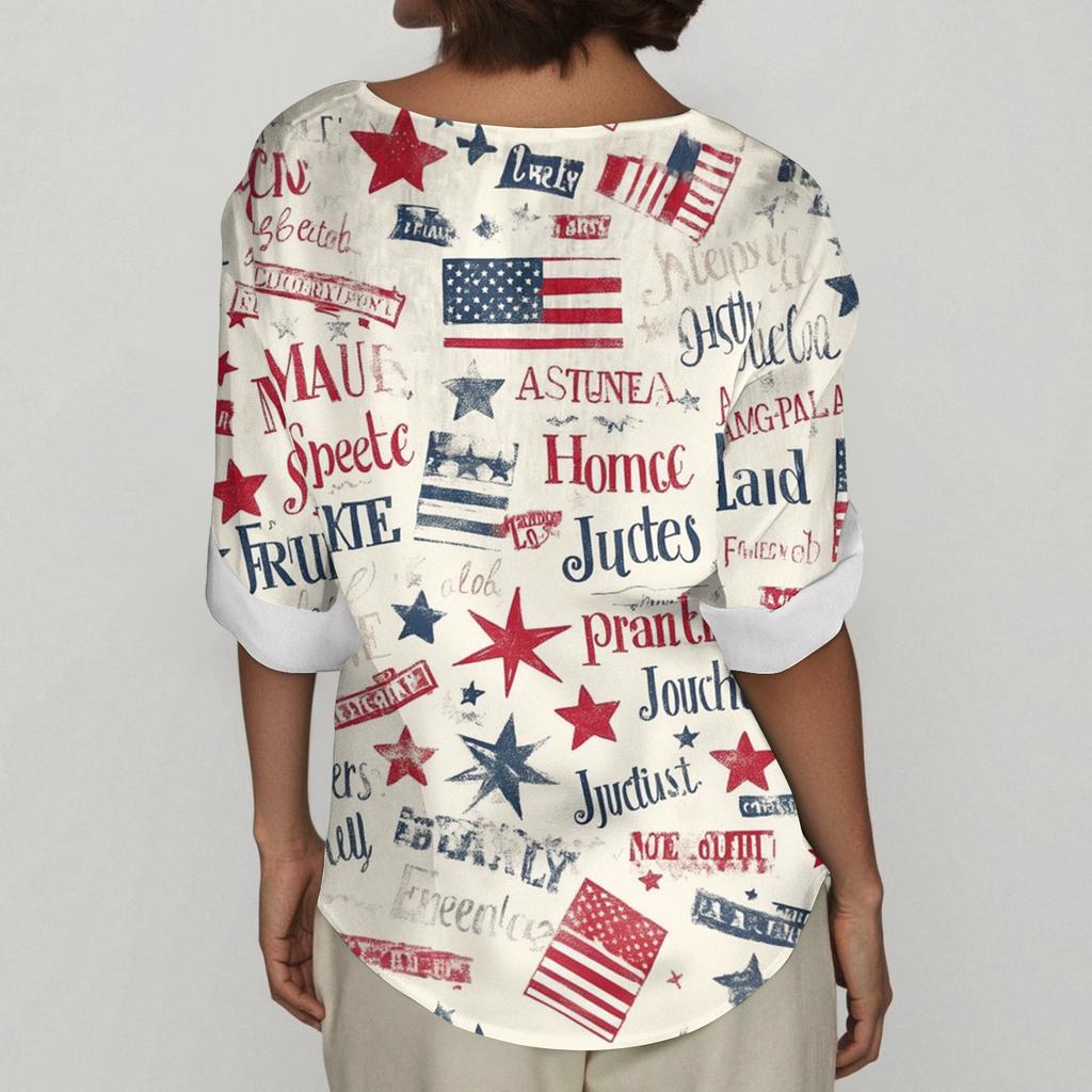 Women's Fashion Casual Button V-Neck Cotton And Linen Independence Day Printed Seven Sleeve T-Shirt Top