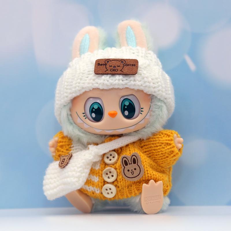 Labubu Doll Outfit Set: Knit Sweater, Hat, Button Charm, Small Bag, Vinyl Doll Clothes Replacement