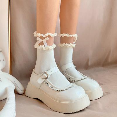 Socks Woman Summer Lolita Cute Solid Color Low Tube Lace Dots Bowknot Transparent White Socks