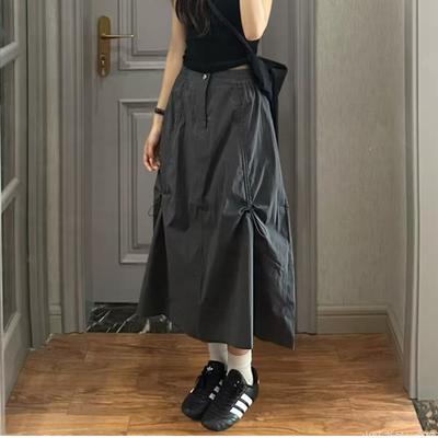 Army Green American Tooling Skirt Women's Summer High-waisted A-word Thin Quick-drying Sports Umbrella Skirt  Adjustable Drawstring Split Midi Skirt