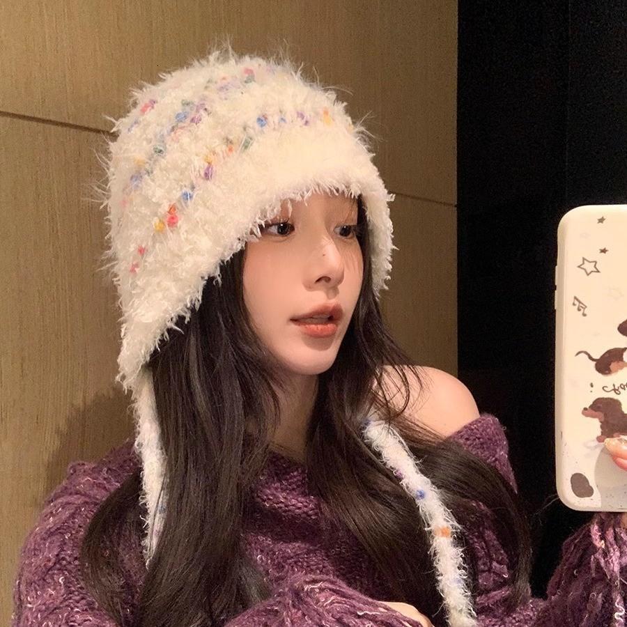 Autumn and winter colored small jelly beans hand-woven tied knitted hat women's travel atmosphere cute plush hat