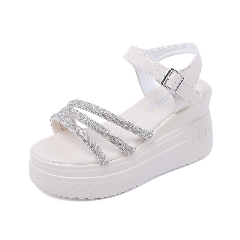 

Rhinestone sandals female summer new fairy wind fine belt temperament thick-soled muffin wedge heel with cool slippers 40