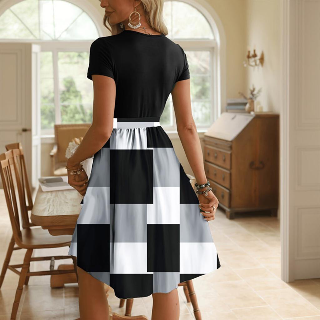 Women's Fashion Colorblock Printed Lace-up Short Sleeve Round Neck Splicing Short Dress