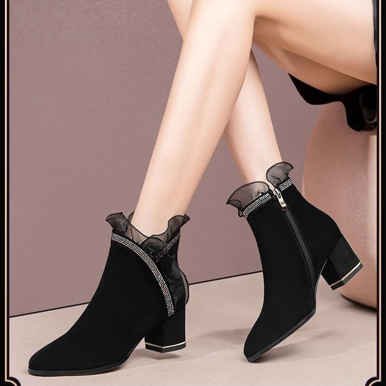 Herbst- und Winter Strassspitze Mattes Weichleder Dicke Ferse Kurze Stiefel Damen Mittelhoher Absatz 2025 Neue Weichleder Damenstiefel Stiefeletten