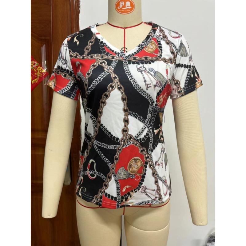 Summer V-neck 3D Printed Chain Pattern Top Fashionable Casual Short Sleeved Women's T-shirts