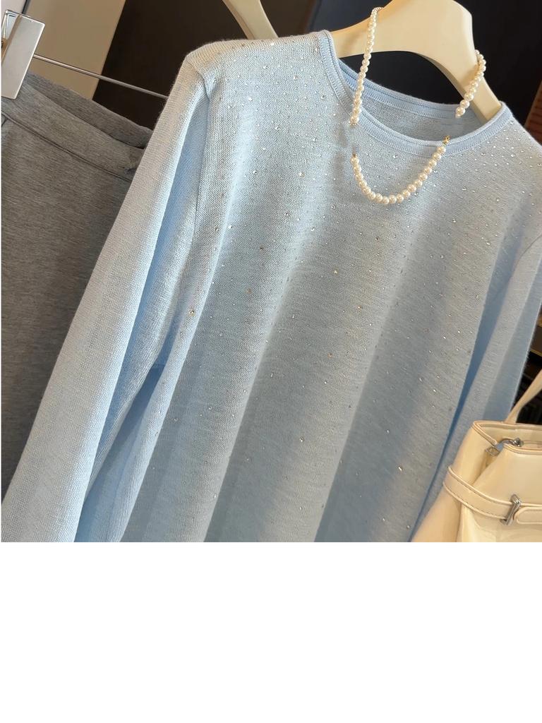 Blue Long Sleeved T-shirt Women's Ice Silk Knitted Thin Loose Top