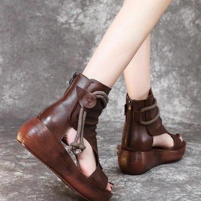 Summer New Bohemian Women's Leather Sandals - Vintage Brown Thick Wedge Open-toe Ankle Bag Canvas Shoes