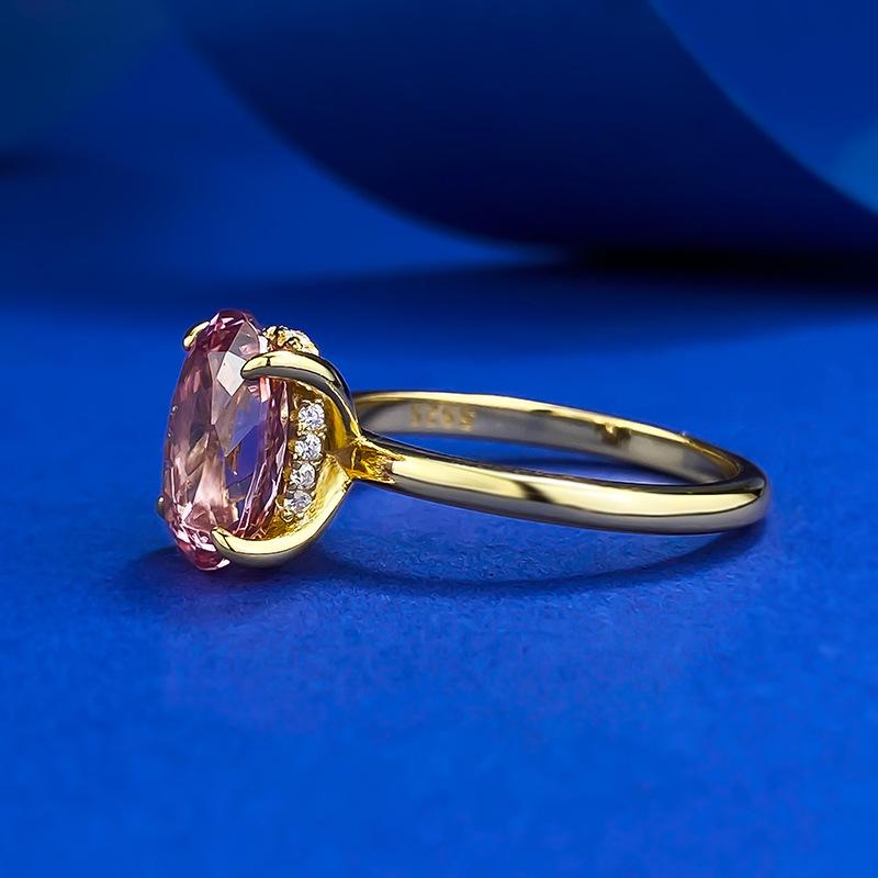 Zhuozhifan S925 Gold-Plated Sterling Silver Ring with High Carbon Diamond & Oval Morganite