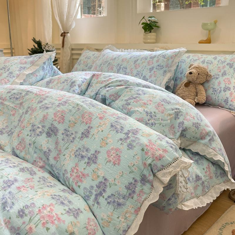 INS Korean Style Bedding Sets 2025 New Cotton Wrinkled Double-Layer Yarn Lace Bedding Sets Plaid Christmas Decor Gift Home Decor