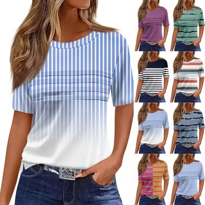 T-Shirts für Damen, plissiert, Rundhalsausschnitt, elegant, lässig, Blusen, bedruckt, kurzärmelig, Sommeroberteile, lockere Passform