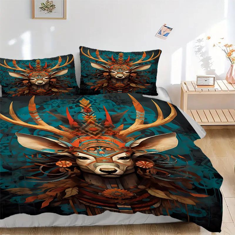 3pcs Deer Totem Soft Comfortable Bedding set, For Bedroom, Guest Room And Dorm, All - Season Use, High-Definition Printing174