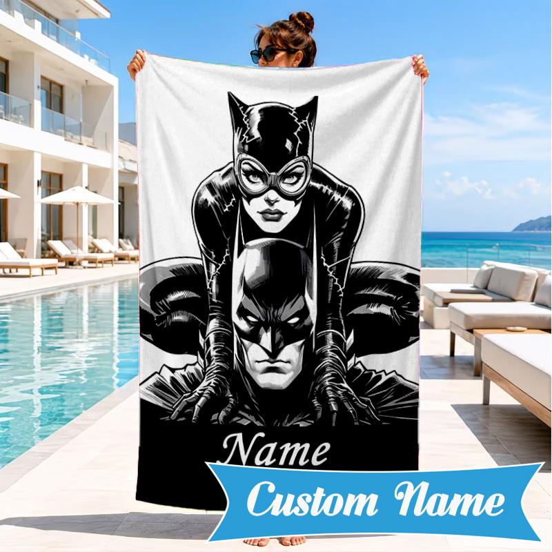 Custom Name Beach Towel Bat City Hero Artwork Microfiber Beach Towel, Lightweight for Summer Travel, Swimming Pool Fan Birthday Gift