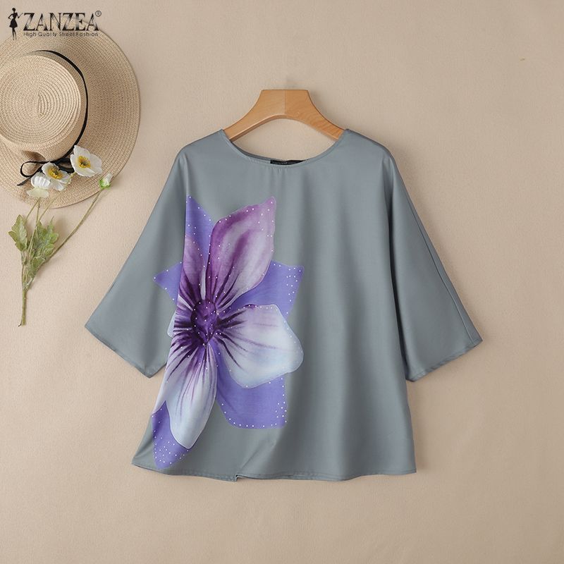 ZANZEA Women Casual Round Neck Loose Floral Short Sleeve Blouse