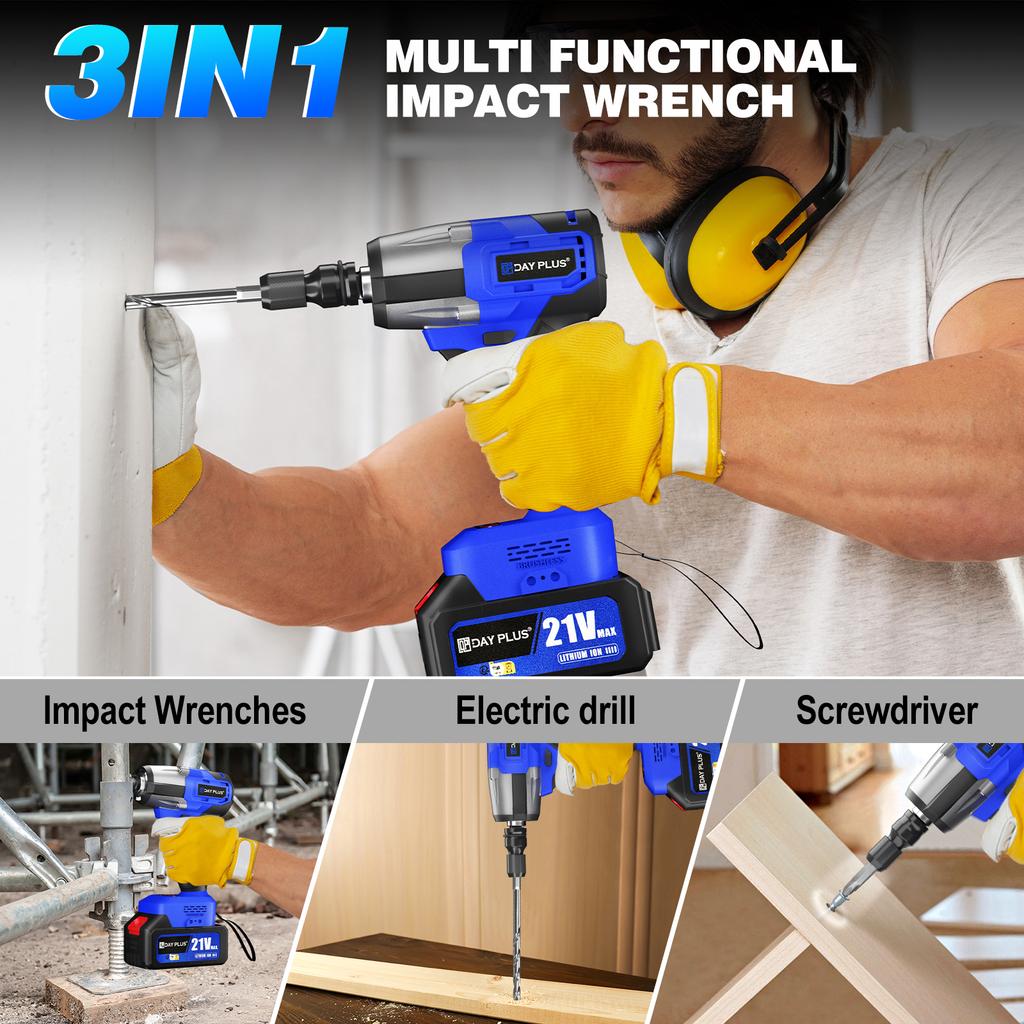 DayPlus Cordless Impact Wrench 1/2 Inch, Brushless Impact Gun 450N.m High Torque, 3200rpm Variable Speed with 4 Socket Sets