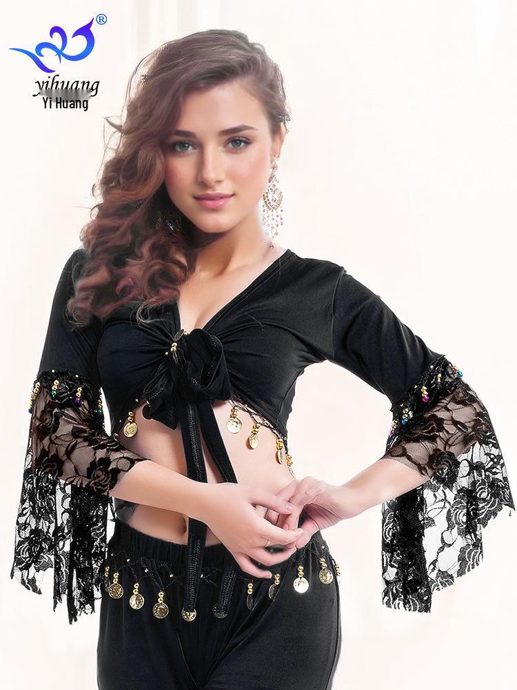Belly Dance Lace Top with Flared Sleeves and Tassels for Performances