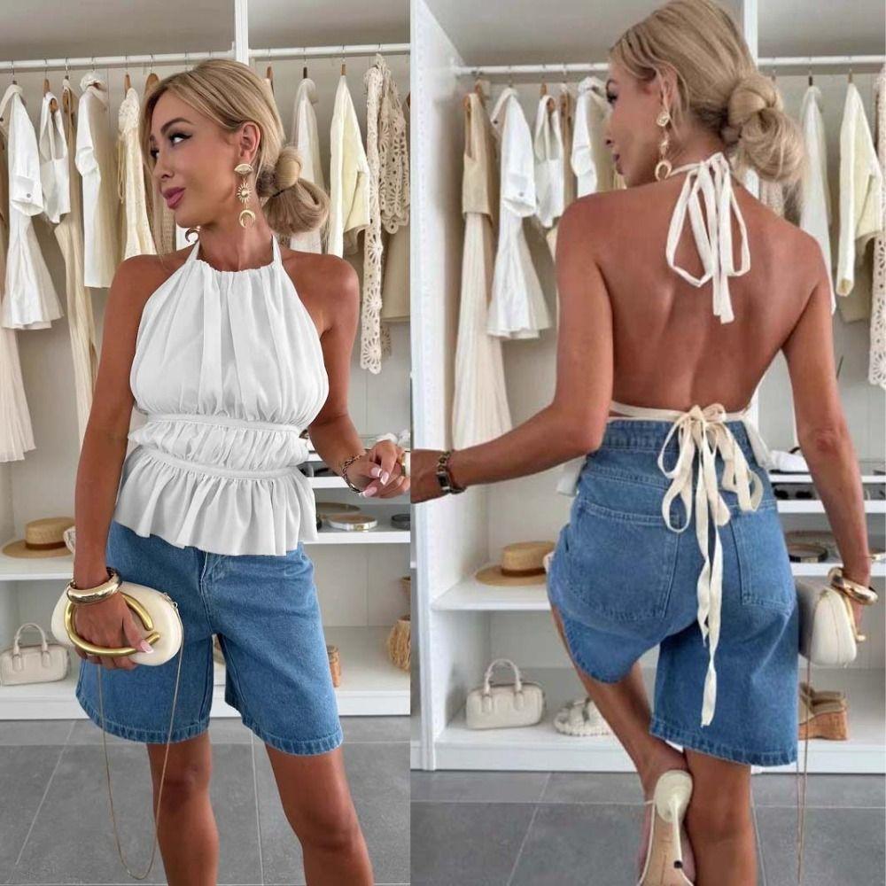 Pleated Lace-up Camisole Halter Women's Crop Top Breathable Chiffon Vest Tops  Girl