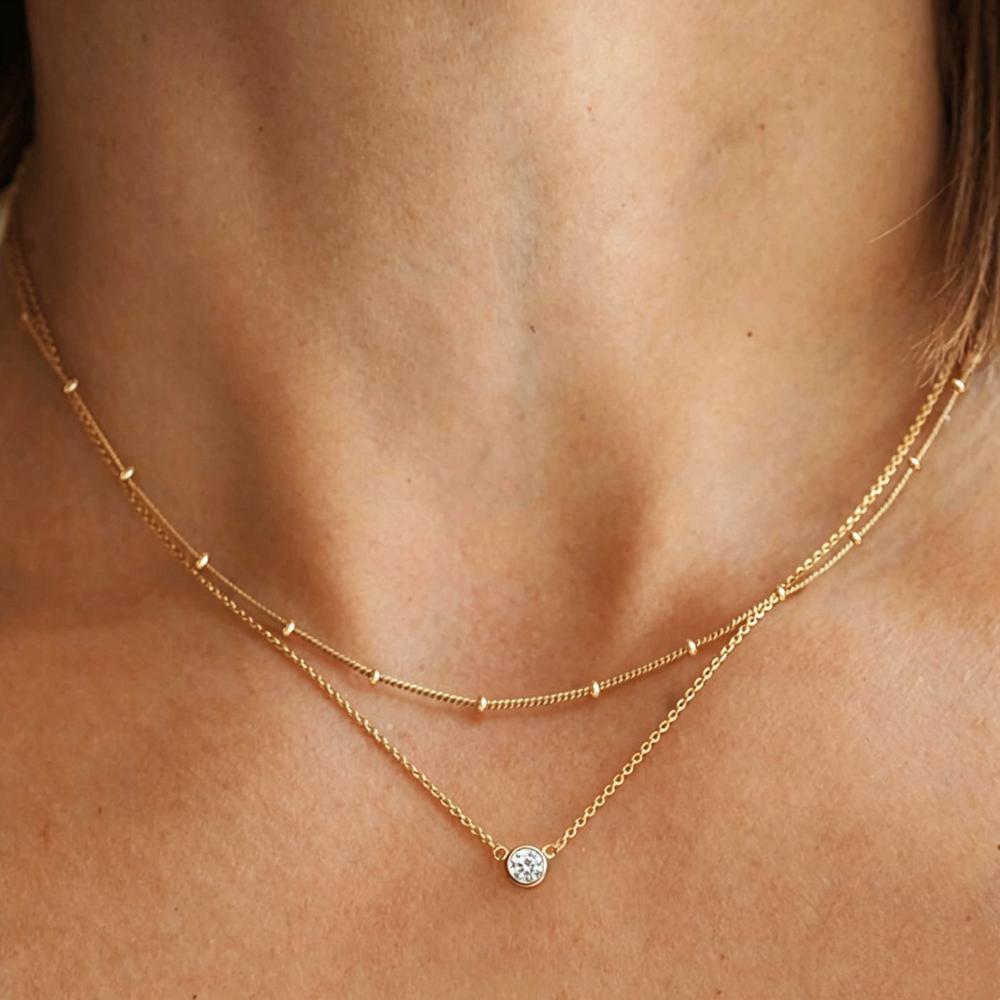 Stainless Steel Waterproof Double Layer Single Zircon Pendant Necklace for Women Fashion Stacking Beaded Clavicle Chain Jewelry