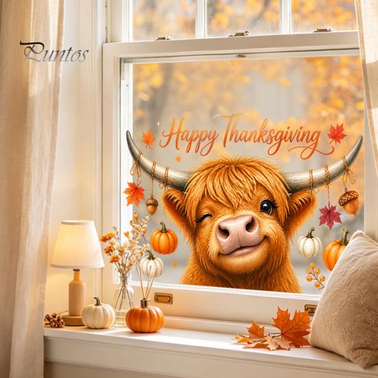 Pumpkin Harvest Glass Decorations Highland Cow Window Clings, Cute Autumn Maple Leaves Static Theme Room Decor Stickers, Waterproof PVC Decals