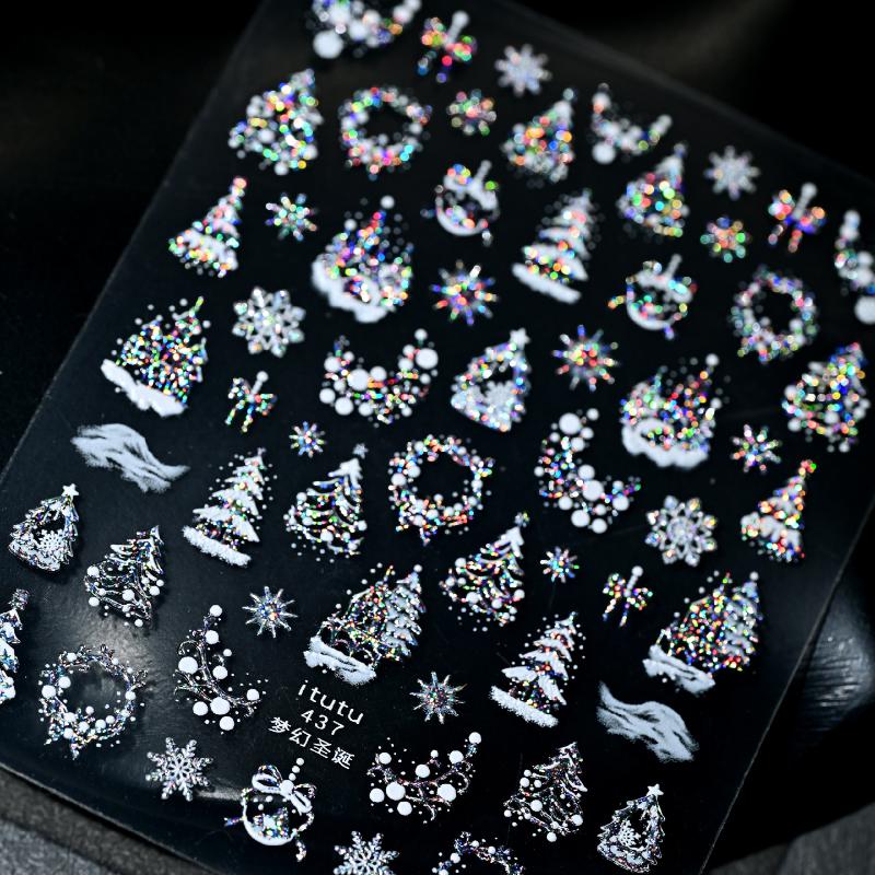 1Pcs Christmas Embossed Nails Art Stickers Dreamy Castle Christmas Tree Snowflake Self-Adhesive Manicure Decals Nail Decoration