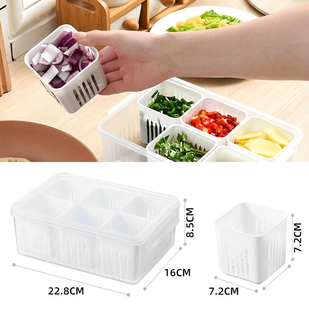 Scallion Preservation Box Plastic Fridge Fresh-Keeping Container with Lid and 6 Grids Draining Crisper Portable Divided Fruit