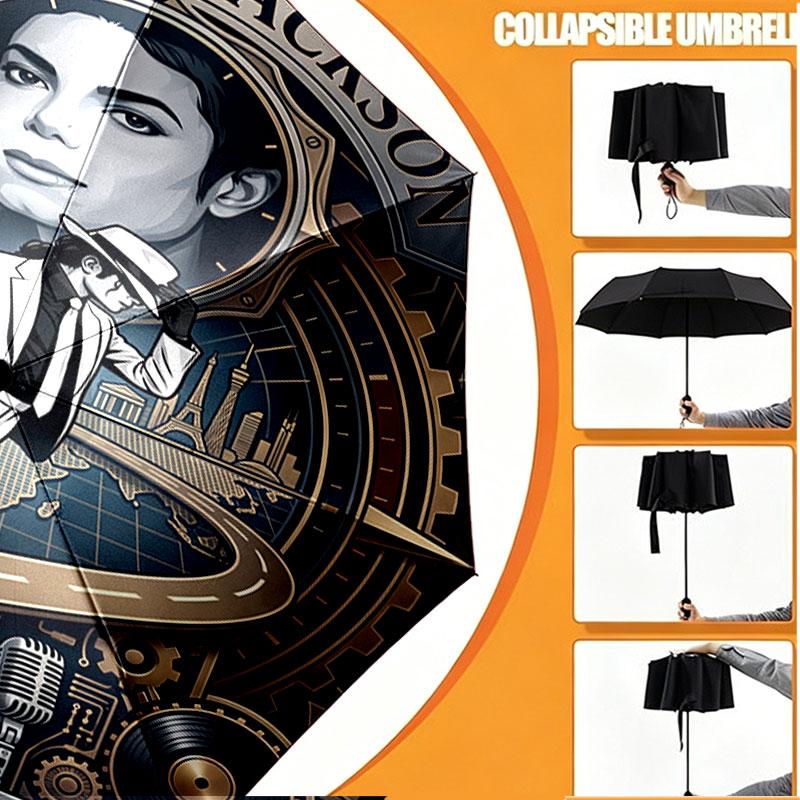 Custom Name Personalized Michael Jackson POP Print Umbrella, Auto Open Close, 8‑Rib Sturdy Frame, Commute Camping Hiking Use, Birthday Gift