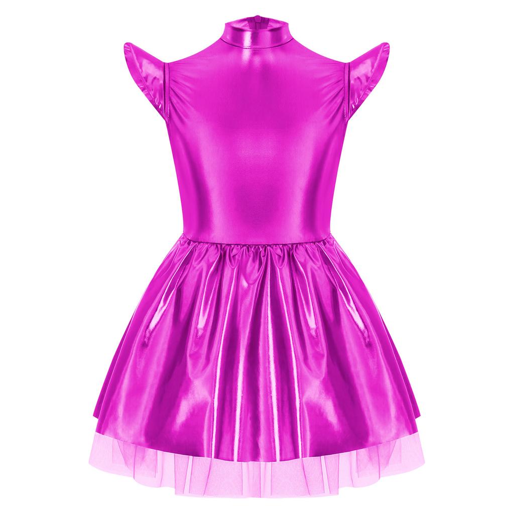 Girls Iridescent Alien Dress Up Costume Mock Neck Flying Sleeves Tutu Dress Theme Party Stage Performance