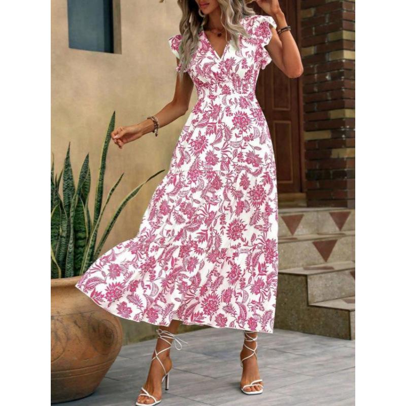 Yahua Women's Bohemian V-Neck Floral Dress - Elegant Summer Waist-Cinching Commuter Style 2026