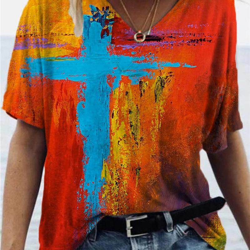 Fashion Spring  Cross Print Blouses Short Sleeved V-Neck T Shirts Casual