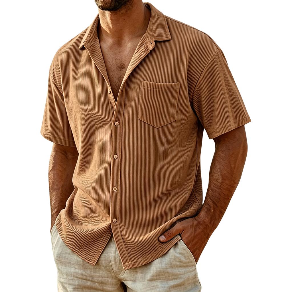 Men Corduroy Shirt Short Sleeve Button Down Casual Loose Fit Collar Pocket Striped Lightweight Summer Shirt
