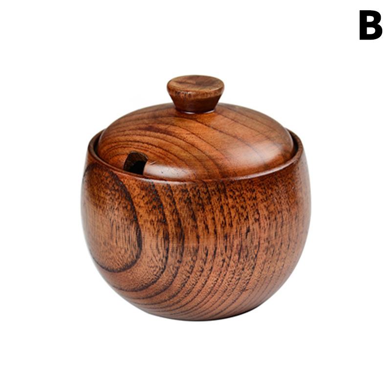 Wooden Seasoning Jar With Spoon Salt Pepper Kitchen Storage Condiment Pot