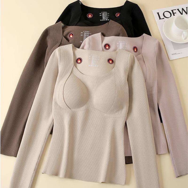 Double-sided abraded silk bottoming shirt for women in autumn and winter with chest pads, warm and piled thickened non-marking top