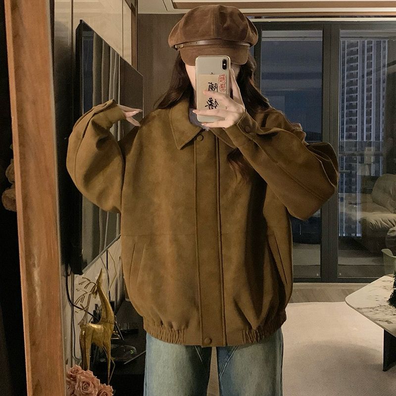 

Kumikumi American vintage Black Suede jacket Outerwear Women clothes Autumn Elegant All-Match Slimming New Top Brown 2XL