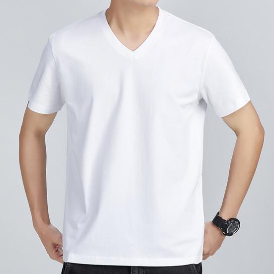 Men Tops Pure Color V-Neck Short Sleeve Tee Shirt Loose Fit Thin Breathable