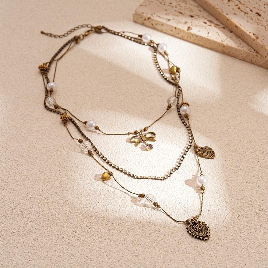 Diamond imitation pearl bow love multi-layer collarbone necklace temperament necklace