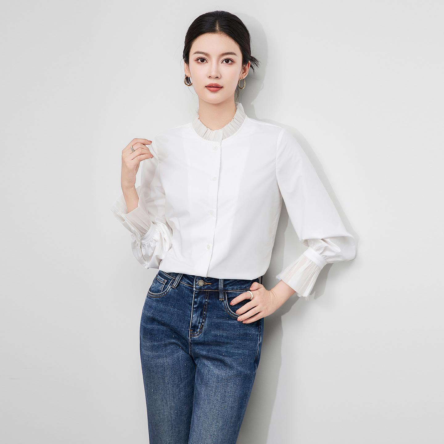 

French White Women s Flare Sleeve Lace Top - Casual Long Sleeve Stand Collar Shirt Small