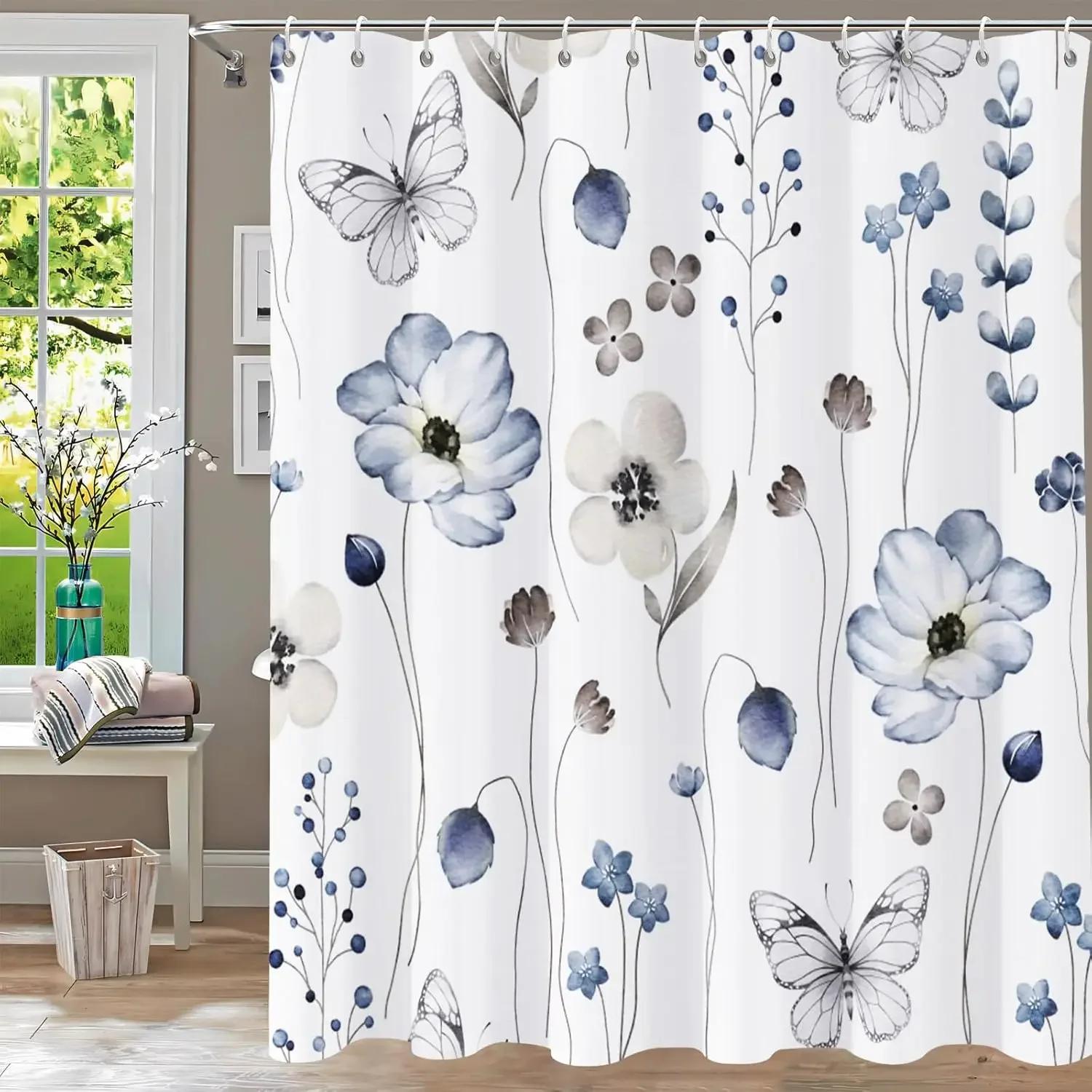 

Botanical Garden Shower Curtain-Blue And Gray Flowers With Exquisite Butterflies, A Bathroom Decoration Inspired By Nature, W60H190(CM)-1 Pcs