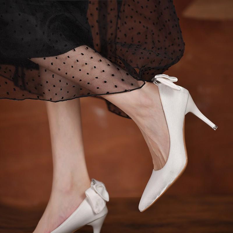 Elegant Satin Bowknot High Heels Pumps for Women Sexy Pointed Toe Stiletto Heeled  Bridal Wedding Shoes Woman White Pumps