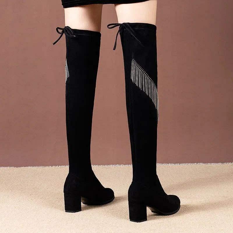 Damen Strass Quaste Wildleder Overknee Stiefel - Herbst 2025 Slim Fit Blockabsatz Hoher Schaft Stiefel