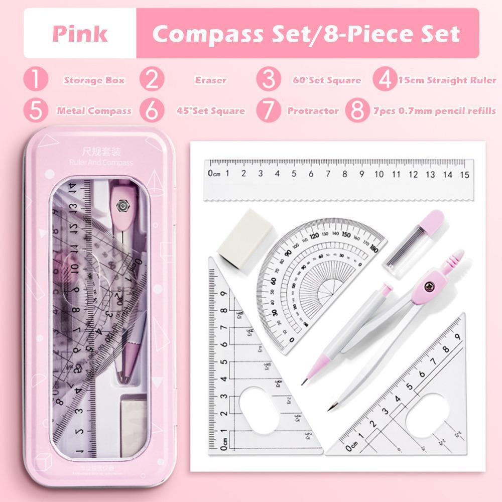 8PCS/Set Plastic Ruler Compasses Set Eraser Straight Ruler Protractor Transparent Set Square Measuring Ruler School Office