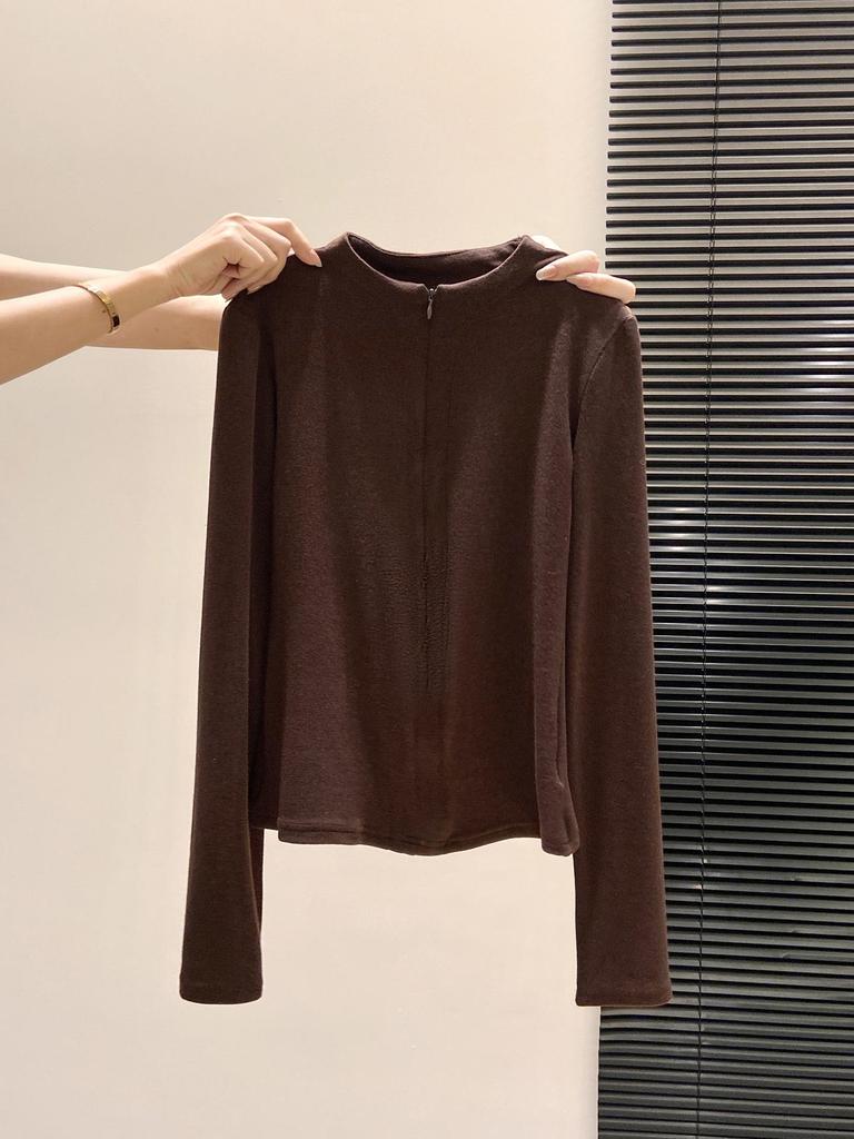 European-Style Slim-Fit Women's Zipper Collar Long-Sleeve T-Shirt, Brushed Warm Inner Layer for Autumn/Winter, Elegant Ins Style Base Top