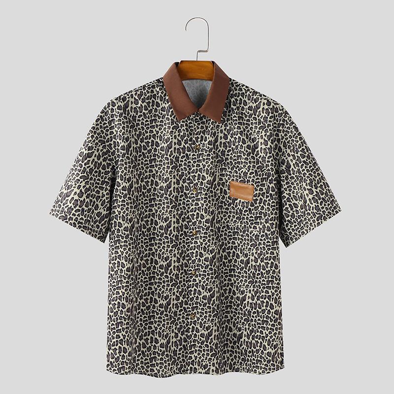 

INCERUN Летние мужские рубашки с лацканами, коротким рукавом, в стиле пэчворк, с леопардовым принтом, повседневные S коричневый