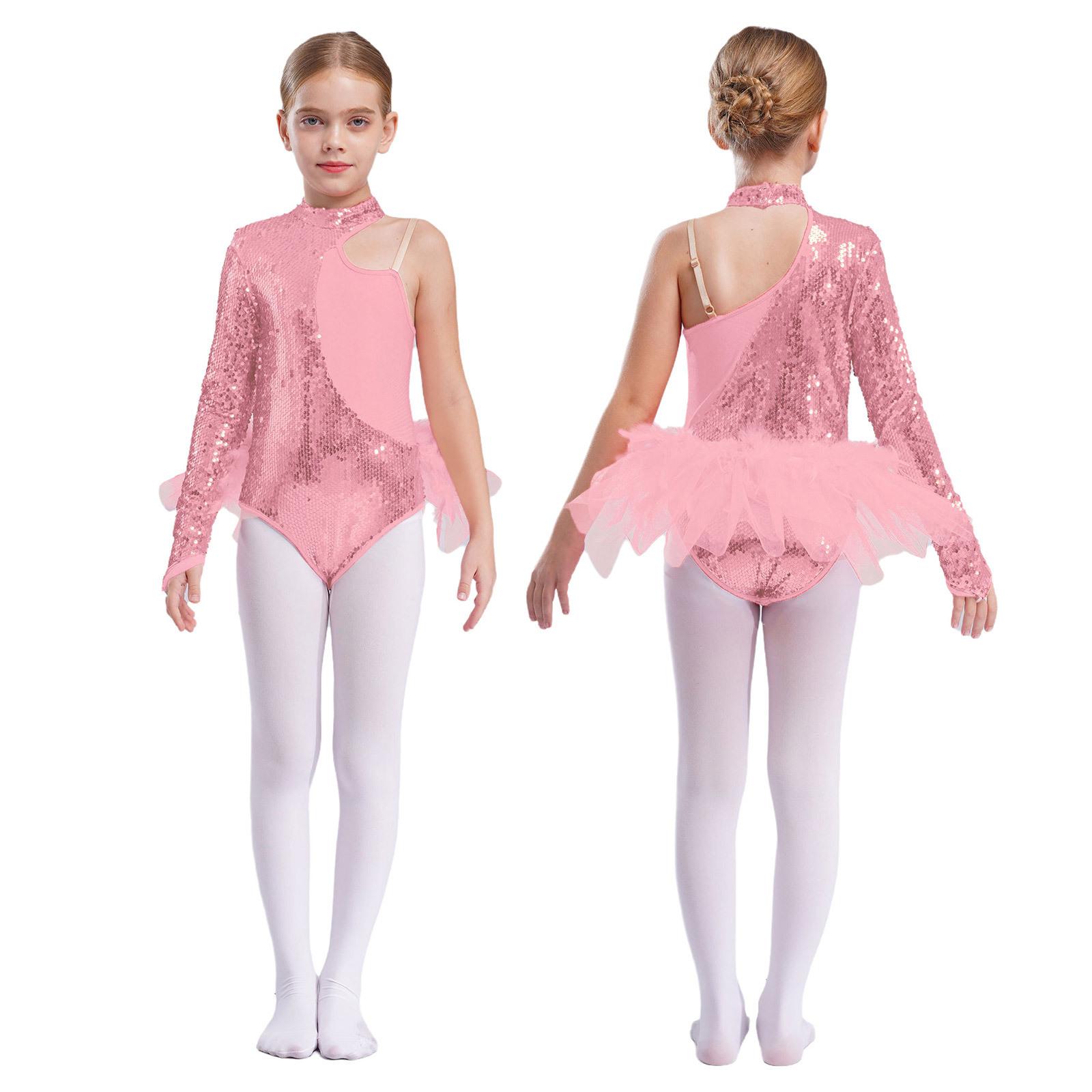 

Дитячий джазовий латиноамериканський танцювальний одяг з блискучими паєтками з довгим рукавом і імітаційною шиєю, балетний танцювальний костюм, комбінезон-трико 7-8 Years рожевий