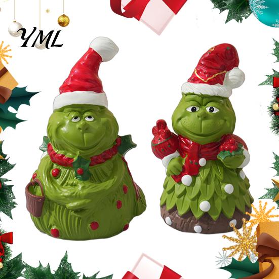 Elf Figurine for Christmas Green Monsters Ornament with Santa Hat And Scarf, Resin Frog Miniature Figurines Home Decoration, Outdoor Garden